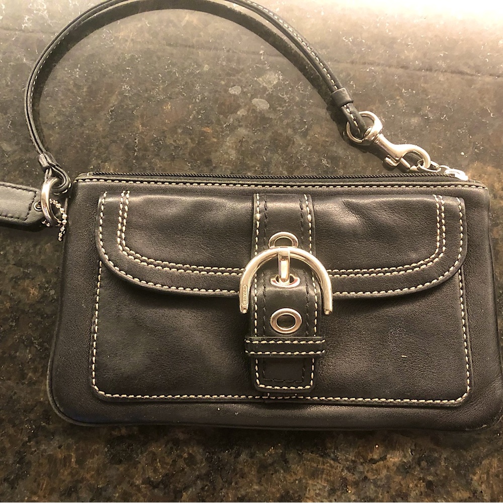 Large Coach Black Leather Wristlet with Silver Buckle